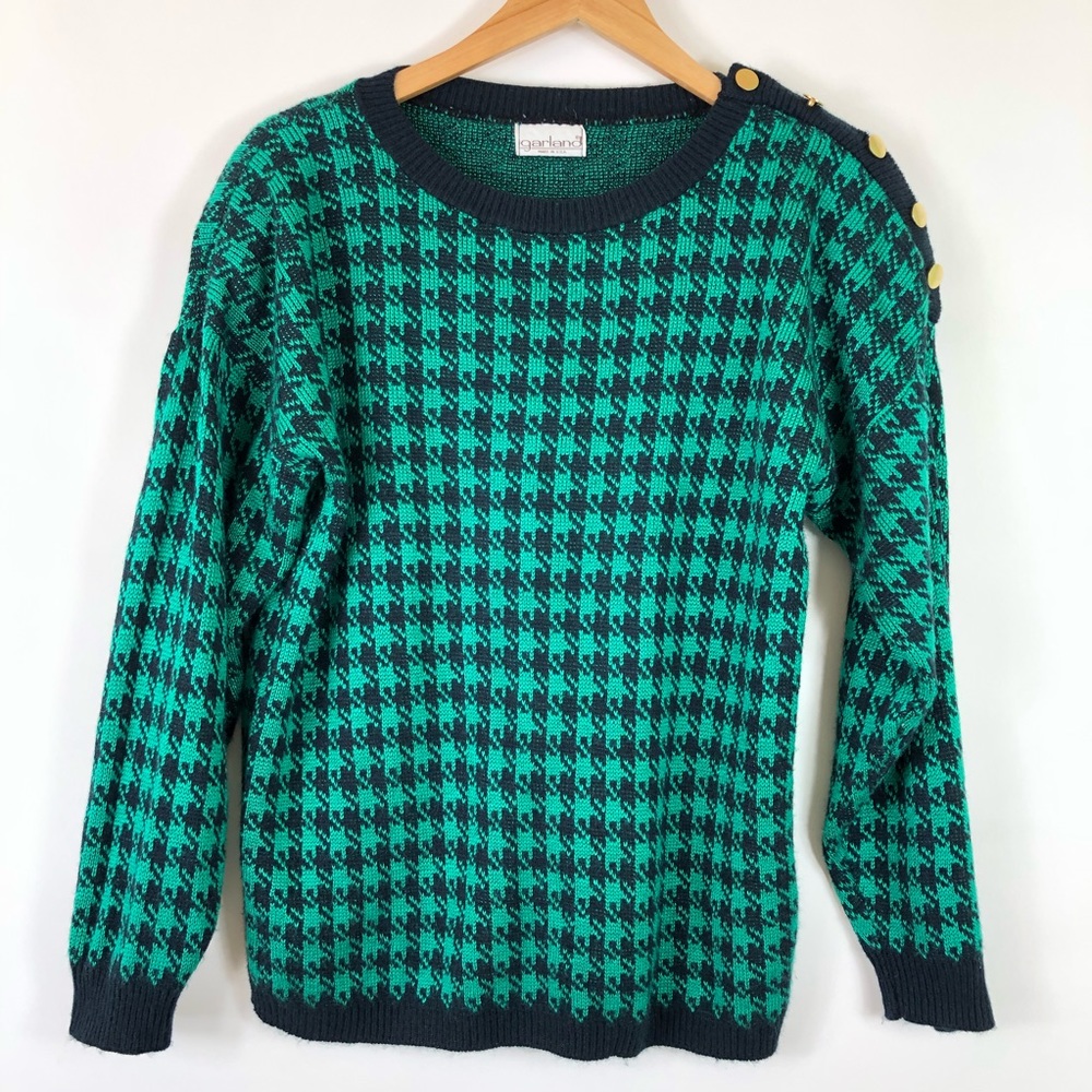 Vintage Garland Houndstooth Check Sweater Buttons Medium Navy Green USA Vtg